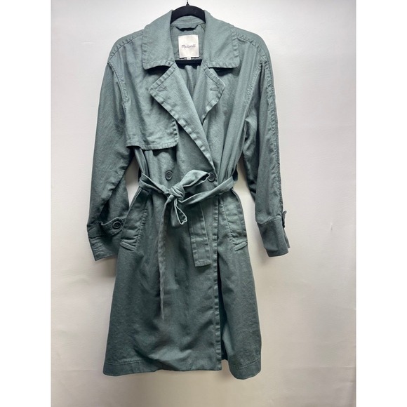 Madewell Jackets & Blazers - Madewell Trench Coat Womens M Green Linen Cotton Blend Belted Drapey Long Jacket